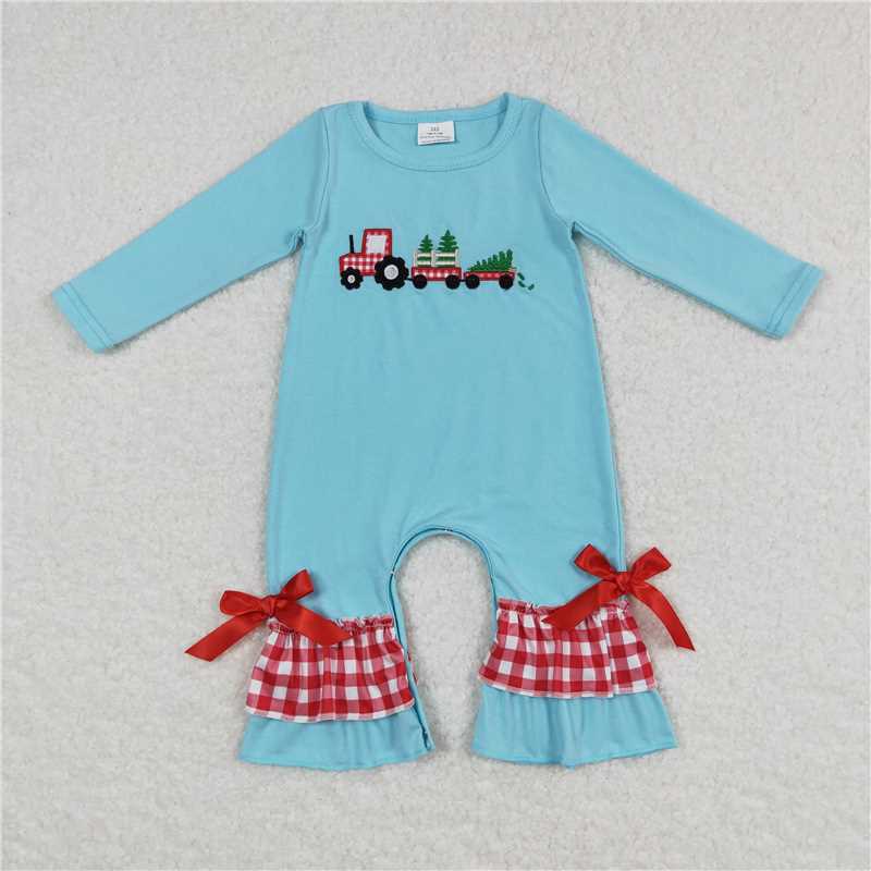 12.2 RTS NO MOQ （In stock）LR0499 Baby Girls Christmas Tree Tractor Ruffle Bows Rompers