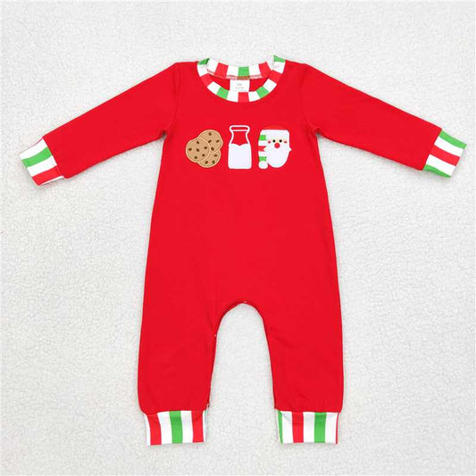 RTS LR0629 Embroidered Cookies & Milk Santa Claus red, green and white striped long-sleeved jumpsuit