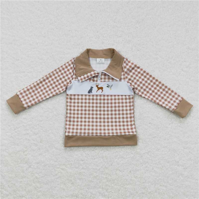 BT0345  Baby Boys Dog Hunting Khaki Checkered Top Tee Shirts