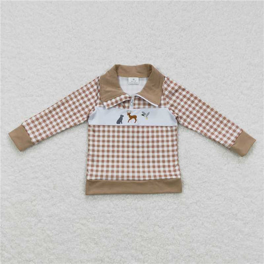 BT0345  Baby Boys Dog Hunting Khaki Checkered Top Tee Shirts