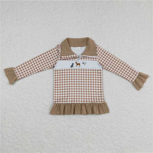 GT0320  Baby Girls Dog Hunting Khaki Checkered Top Tee Shirts