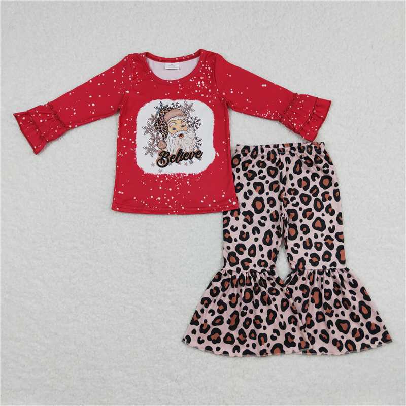 12.10 RTS NO MOQ （In stock）GLP0862 Baby Girls Christmas Santa Believe Shirt Leopard Bell Pants Clothes Sets