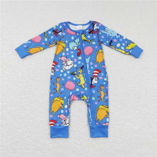 RTS  LR0784 Dr Seuss cartoon colorful dots blue zipper long-sleeved jumpsuit