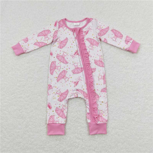 LR0647 Pink dance ruffle long sleeves baby girls zipper romper
