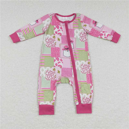 12.2 RTS NO MOQ （In stock）LR0722 Baby Infant Girls Western Pink Christmas Santa Long Sleeve Rompers