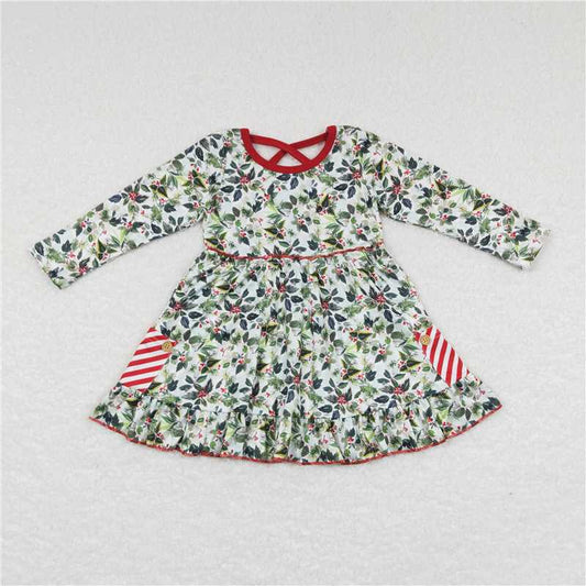 GLD0389  Baby Girls Christmas Green Tree Leaves Knee Length Dresses