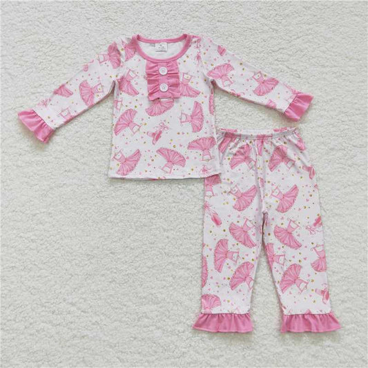 GLP0737  Pink dance ruffle long sleeves girls pajamas