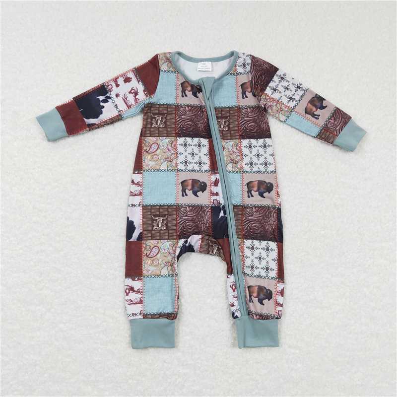 RTS LR0734 Blue and brown plaid zipper long-sleeved jumpsuit with bull head geometric pattern
