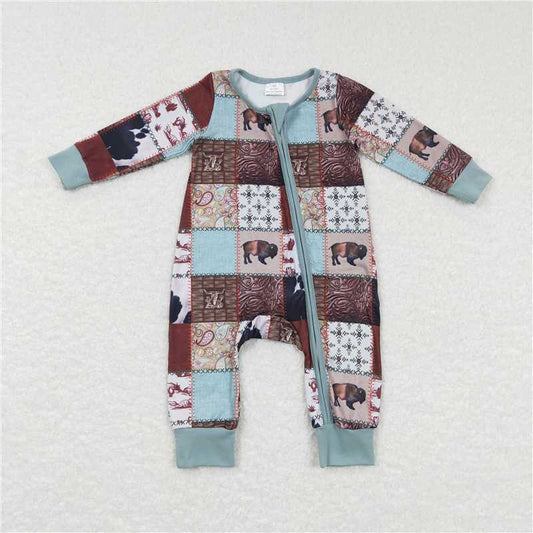 RTS LR0734 Blue and brown plaid zipper long-sleeved jumpsuit with bull head geometric pattern