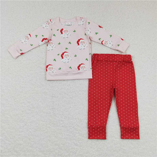 12.10 RTS NO MOQ （In stock）GLP0915 Baby Girls Pink Santa Top Dots Pants Pajamas Clothing Sets
