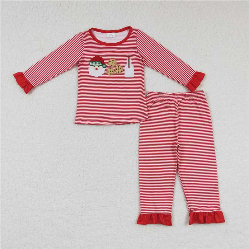 GLP0873 Embroidered Santa Claus Cookie Milk Red Striped Long Sleeve Pants Set