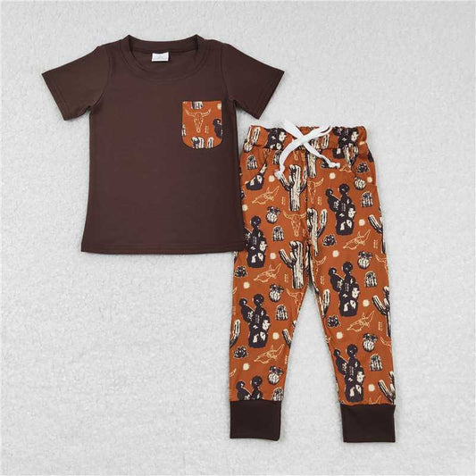 BSPO0165 Western Baby Boys Short Sleeve Pocket Shirt Cactus Pants Clothes Sets