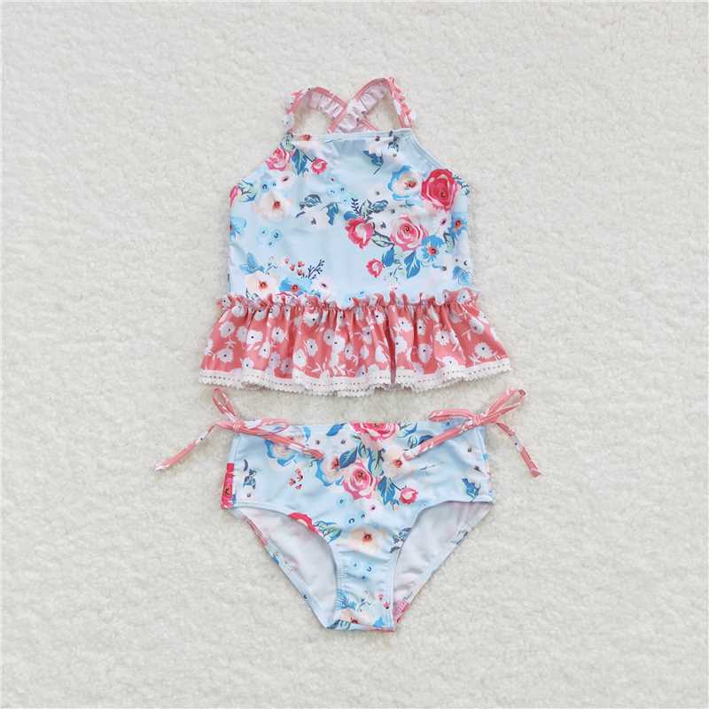S0159  Baby Girls Blue Flowers Top Floral 2 Pieces Swimsuits