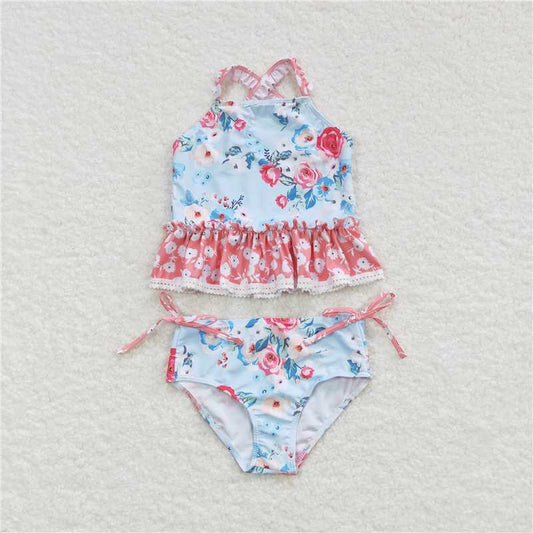 S0159  Baby Girls Blue Flowers Top Floral 2 Pieces Swimsuits