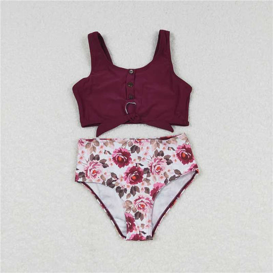 S0141  Marroon floral 2 pcs baby girls lining swimsuit