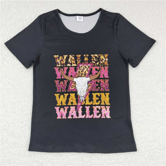 GT0343  Adult Women Black Short Sleeve Cow Skull Shirts Tops