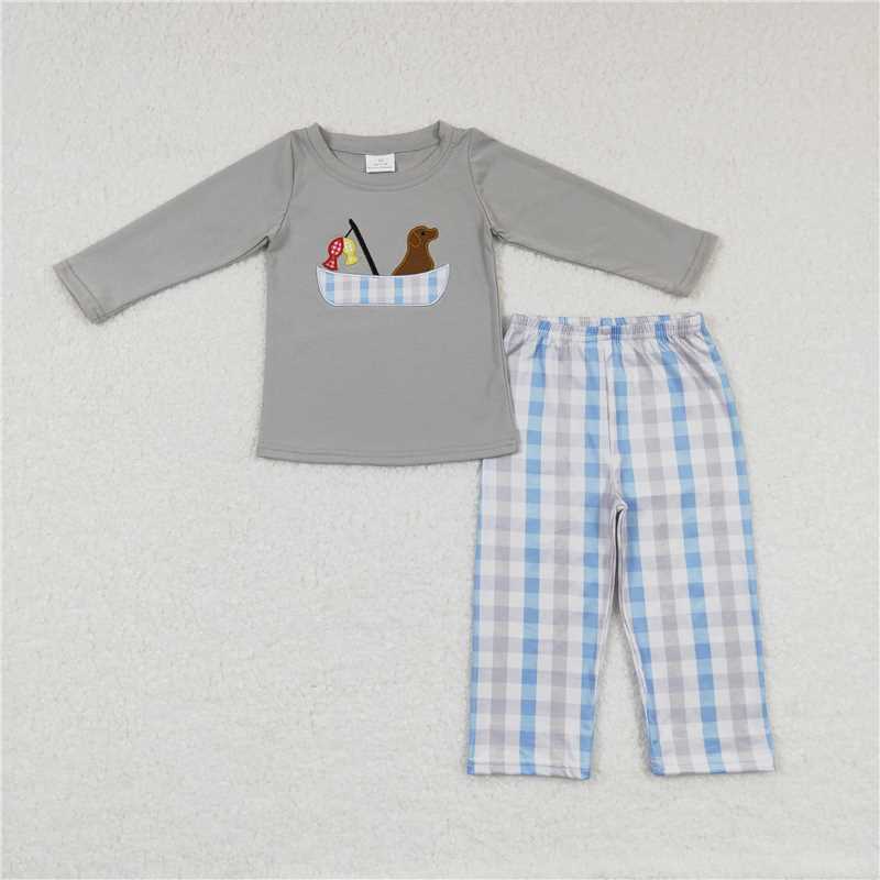 BLP0350Dog fish boat top plaid pants kids boy hunting clothes