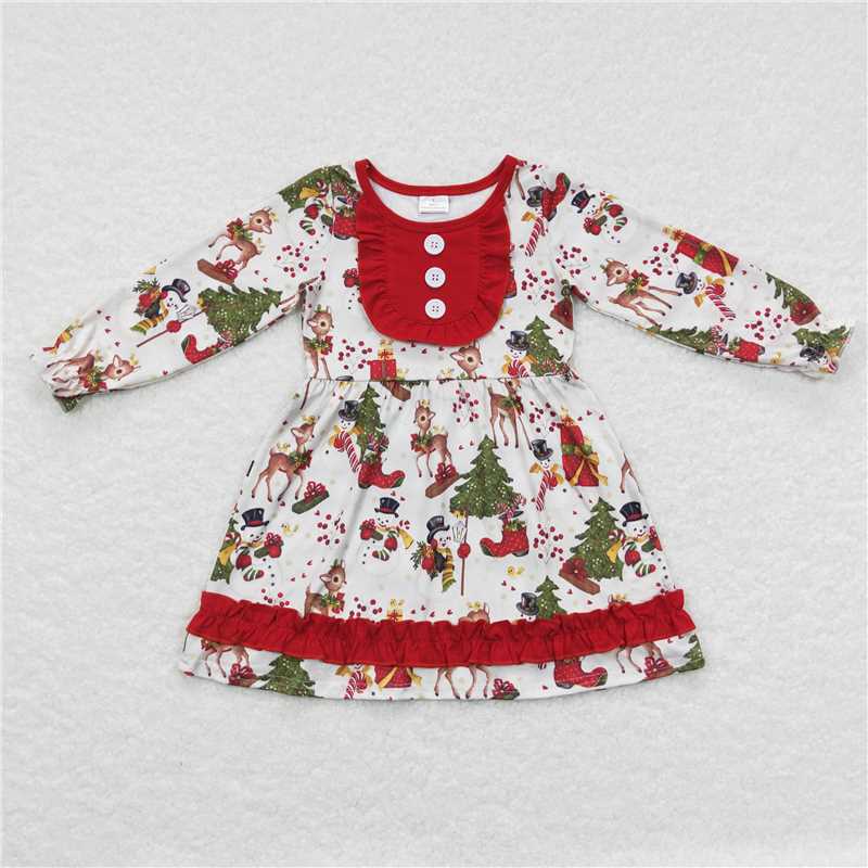 GLD0292  Baby Girls Christmas Deer Ruffle Knee Length Dresses