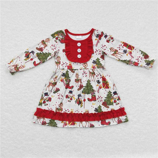 GLD0292  Baby Girls Christmas Deer Ruffle Knee Length Dresses