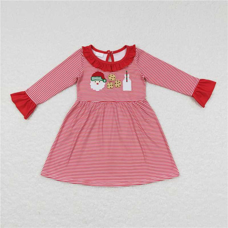 12.6 RTS NO MOQ （In stock）Matching Christmas GLD0411 Baby Girls Christmas Santa Cookie Long Sleeve Knee Length Dresses