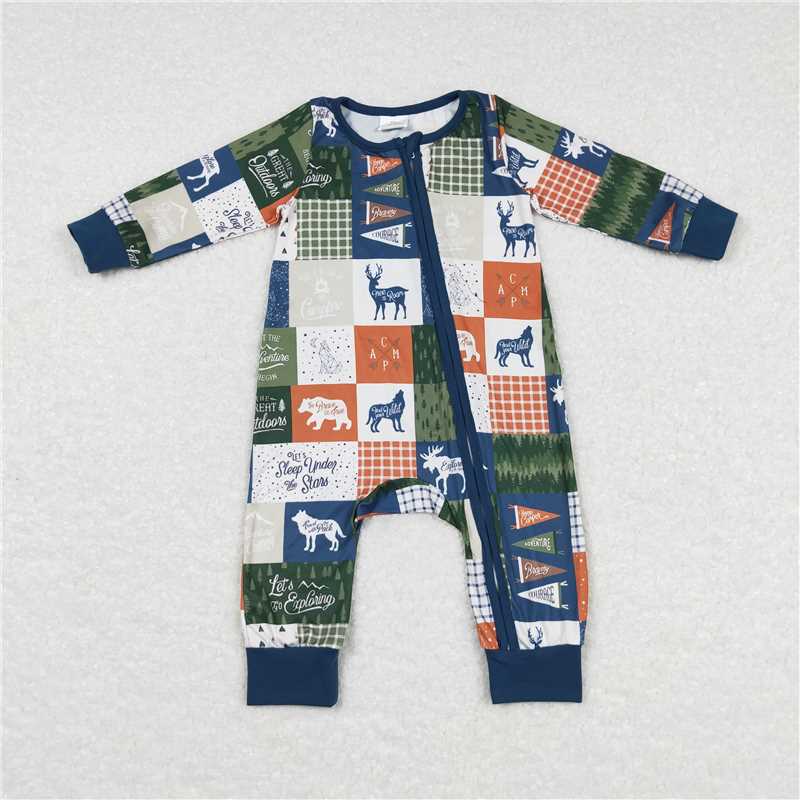 LR0719Let's go camping deer patchwork baby kids zipper romper