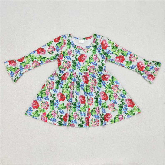 9.19 RTS NO MOQ（In stock）G6-6-7// Baby Girls Winter Dress Light blue floral and green leaf long-sleeved dress