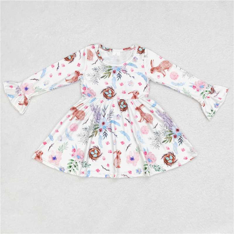 9.27 RTS NO MOQ（In stock）G6-6-7,, Baby Girls Winter Dress Rabbit Bird's Nest White Long Sleeve Dress
