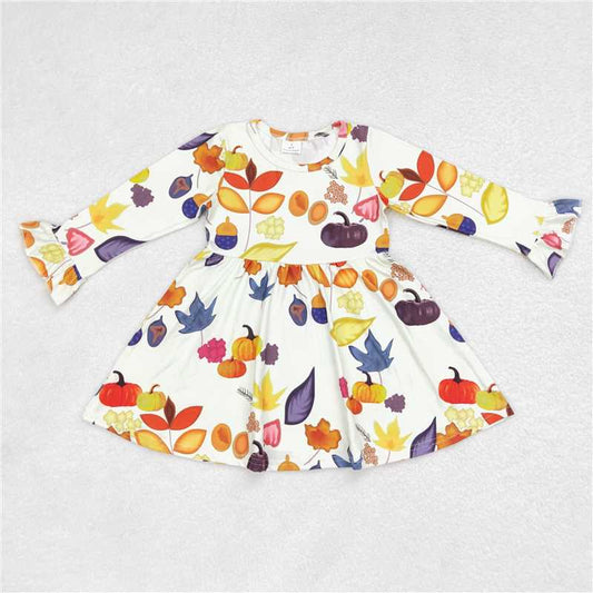9.22 RTS NO MOQ（In stock）G6-6-2 Baby Girls Winter Dress Maple Leaf Pumpkin Wild Fruit Beige Long Sleeve Dress