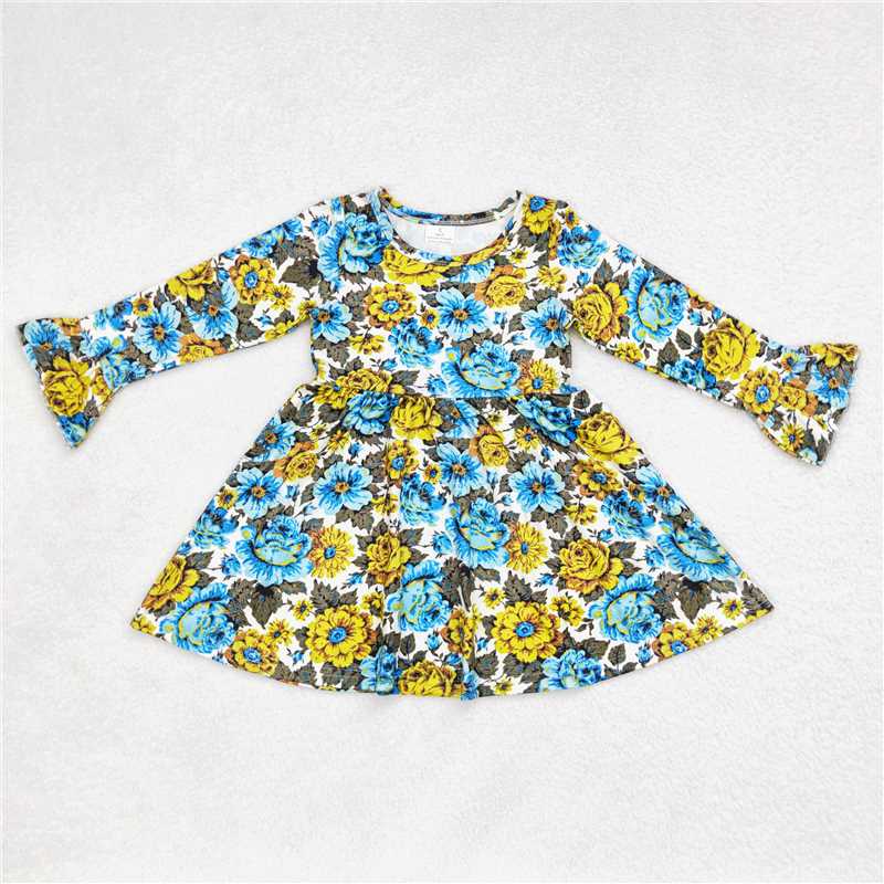 9.23 RTS NO MOQ（In stock）G6-6-2, Baby Girls Winter Dress Yellow and blue floral long-sleeved dress