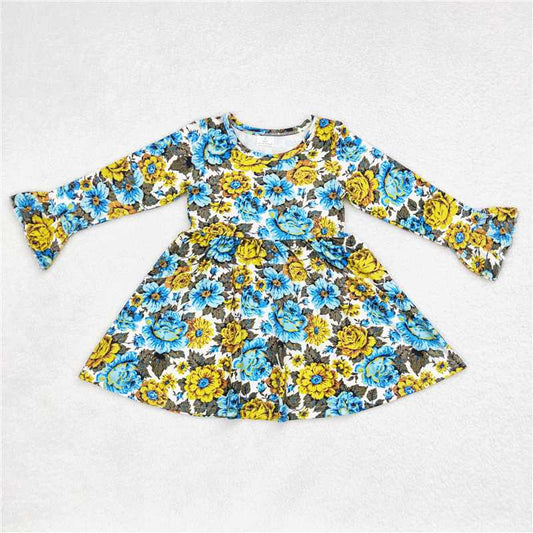 9.23 RTS NO MOQ（In stock）G6-6-2, Baby Girls Winter Dress Yellow and blue floral long-sleeved dress