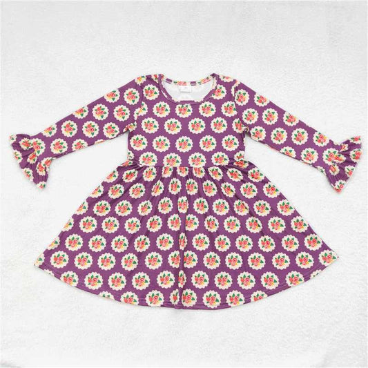 9.30 RTS NO MOQ（In stock）G6-6-2/ Baby Girls Winter Dress Circle Flower Purple Long Sleeve Dress