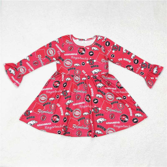 9.30 RTS NO MOQ（In stock）G6-6-2' Baby Girls Winter Dress Letter wild boar burgundy long-sleeved dress