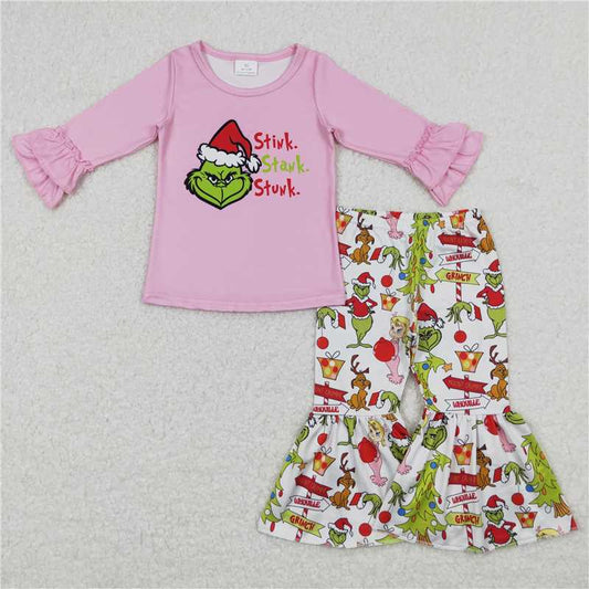 GLP0907 Grinch cartoon letter pink and white lace long-sleeved trousers suit