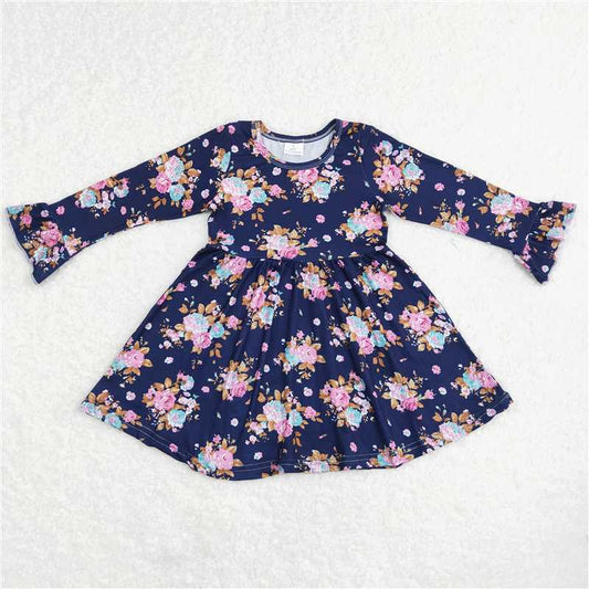 9.25 RTS NO MOQ（In stock）G6-6-1/ Baby Girls Winter Dress Powder blue floral brown leaf blue long-sleeved dress