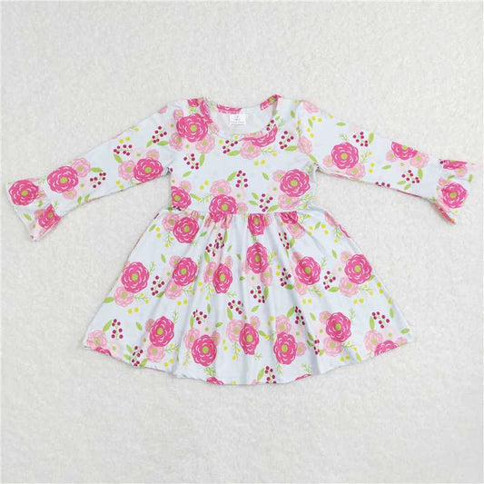 9.25 RTS NO MOQ（In stock）G6-6-1; Baby Girls Winter Dress Rose pink floral white long-sleeved dress