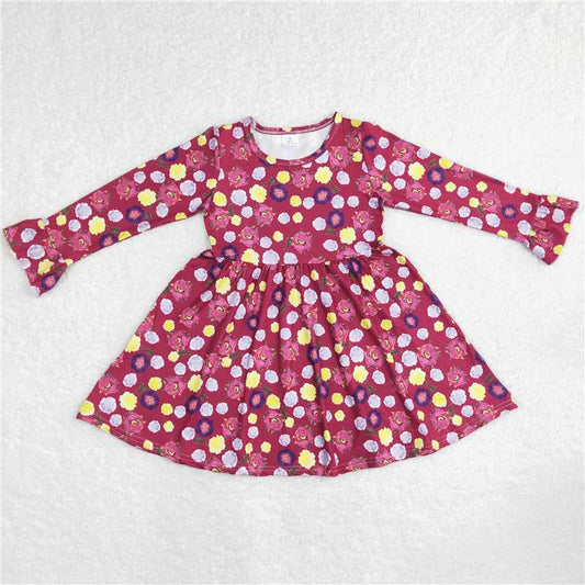 9.25 RTS NO MOQ（In stock）G6-6-1[ Baby Girls Winter Dress Colorful flower wine red long-sleeved dress