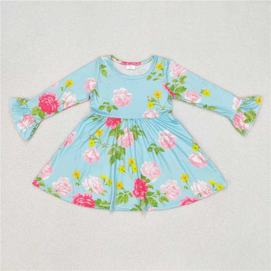 9.19 RTS NO MOQ（In stock）G6-6-1,, Baby Girls Winter Dress Pink flowers, green leaves and blue long-sleeved dress