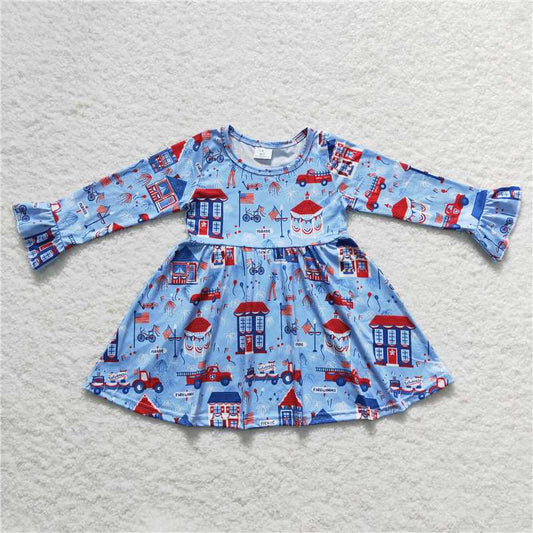 9.22 RTS NO MOQ（In stock）G6-6-1// Baby Girls Winter Dress Red house truck blue long sleeve dress