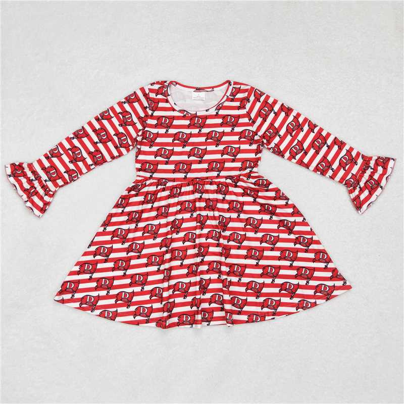 9.30 RTS NO MOQ（In stock）G6-6, Baby Girls Winter Dress Red and white striped long-sleeved dress with letters
