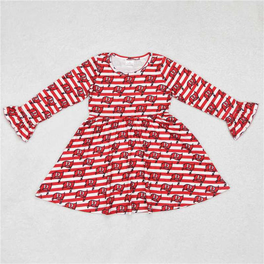 9.30 RTS NO MOQ（In stock）G6-6, Baby Girls Winter Dress Red and white striped long-sleeved dress with letters