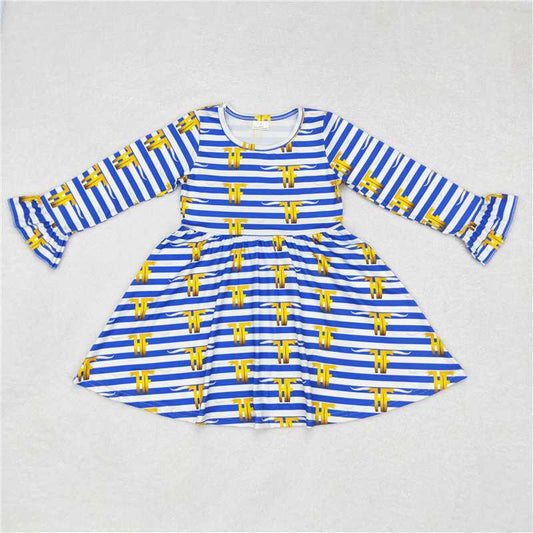 9.30 RTS NO MOQ（In stock）G6-6/ Baby Girls Winter Dress Yellow letter striped long-sleeved dress