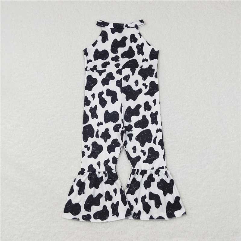 SR0444  Baby Girls Black White Western Cow Print Jumpsuits