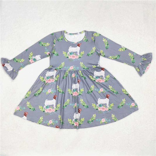 9.30 RTS NO MOQ（In stock）G6-6/. Baby Girls Winter Dress Grey long-sleeved dress with lamb flowers and green leaves