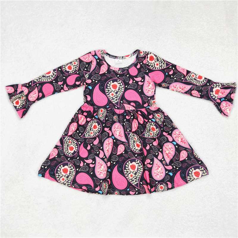 9.27 RTS NO MOQ（In stock）G6-6] Baby Girls Winter Dress Black long-sleeved dress with pink leaf pattern