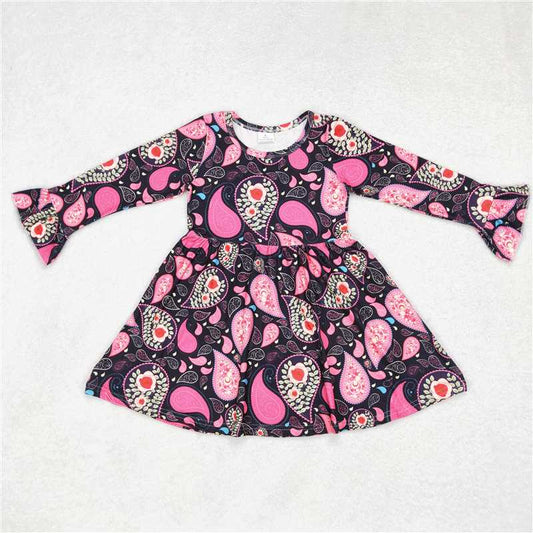 9.27 RTS NO MOQ（In stock）G6-6] Baby Girls Winter Dress Black long-sleeved dress with pink leaf pattern