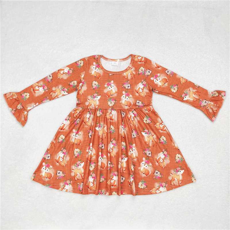 9.30 RTS NO MOQ（In stock）G6-6'', Baby Girls Winter Dress Fawn orange long-sleeved dress