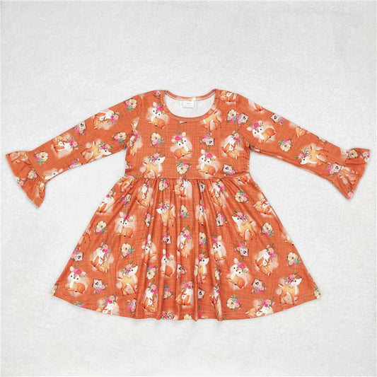 9.30 RTS NO MOQ（In stock）G6-6'', Baby Girls Winter Dress Fawn orange long-sleeved dress