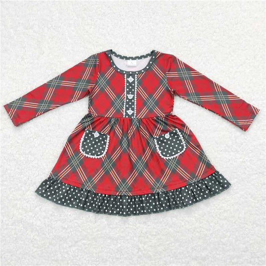 GLD0424  Baby Girls Christmas Red Green Checkered Pockets Knee Length Dresses