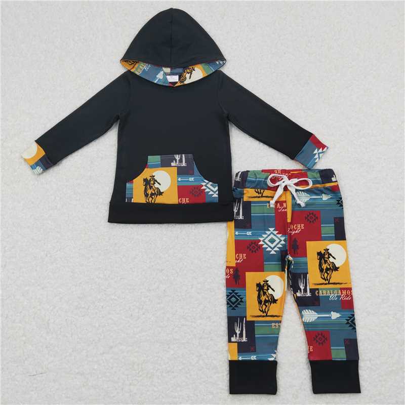 BLP0355 Black hooded long-sleeved trousers suit with riding geometric stripes