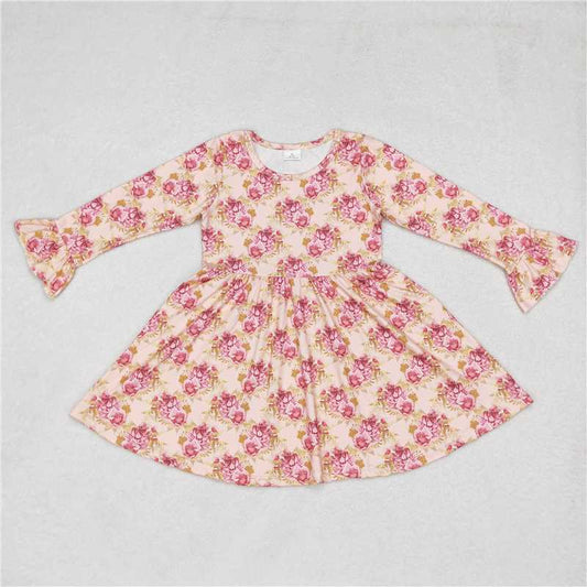 9.30 RTS NO MOQ（In stock）G6-1-7, Baby Girls Winter Dress Pink and purple floral long-sleeved dress